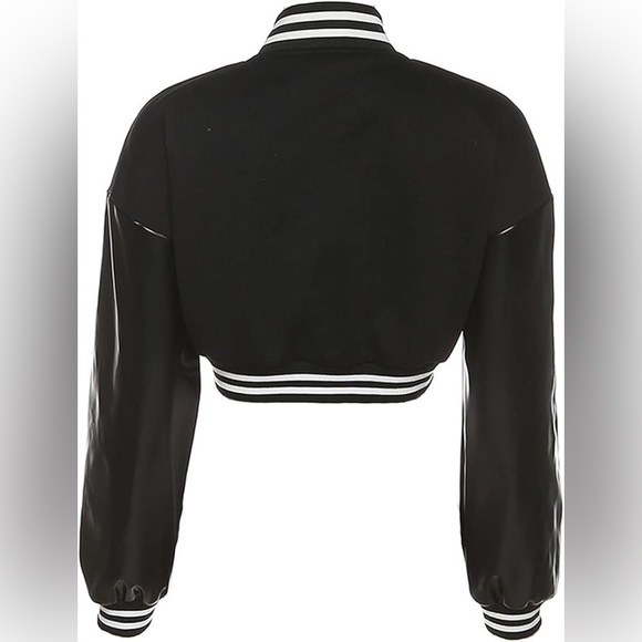 NWOT Fashion Nova Cropped Varsity Jacket Black Faux Leather Sleeve Sz Small Y2K - Picture 5 of 13